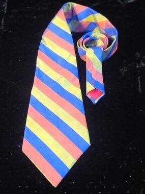 HAND WOVEN SILK TIE Made In Thialnd. Bright Blue Yellow Red Striped Men's Tie